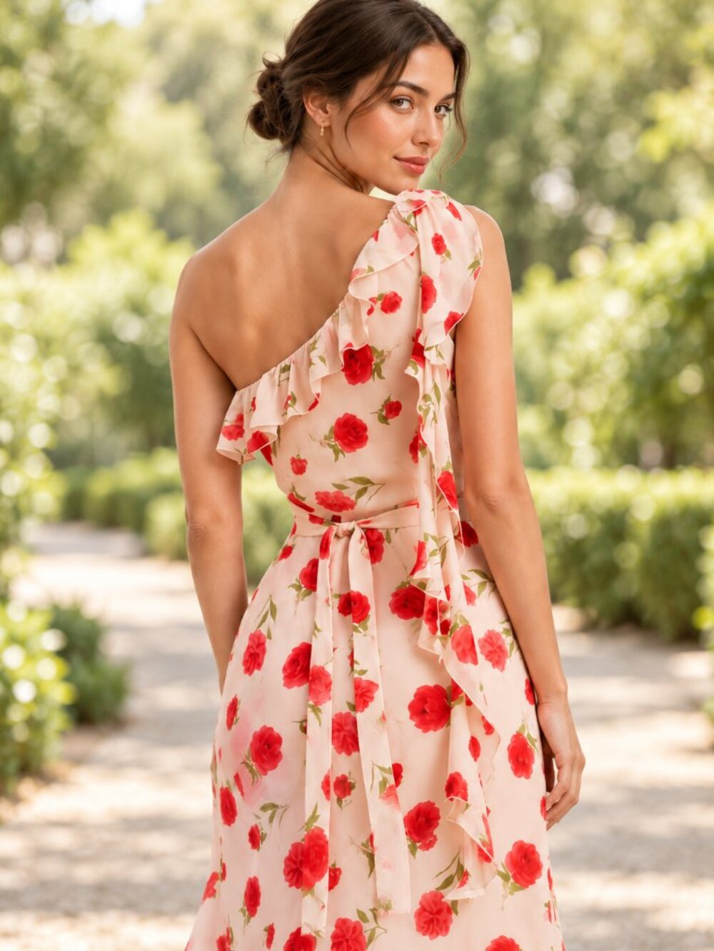 Mango Rose Floral One Shoulder Ruffle Midi Dress US 10 NWT Viscose